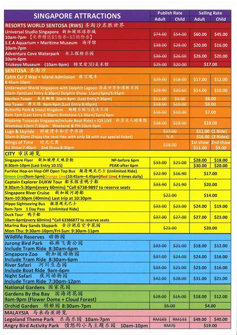 singapore attraction ticket price list